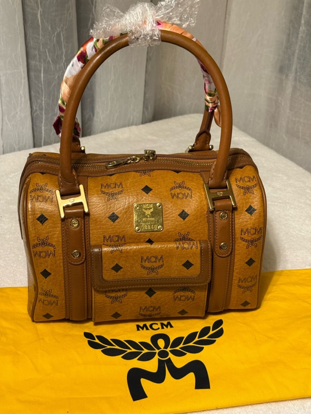 MCM Cognac Visetos Leather Boston Satchel with Gold Hardware